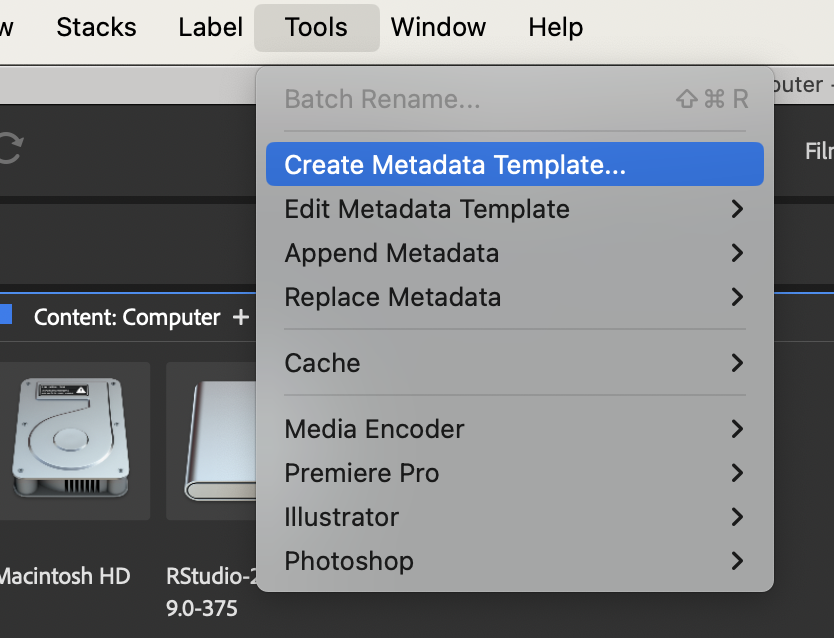 screenshot of the Adobe Bridge menu