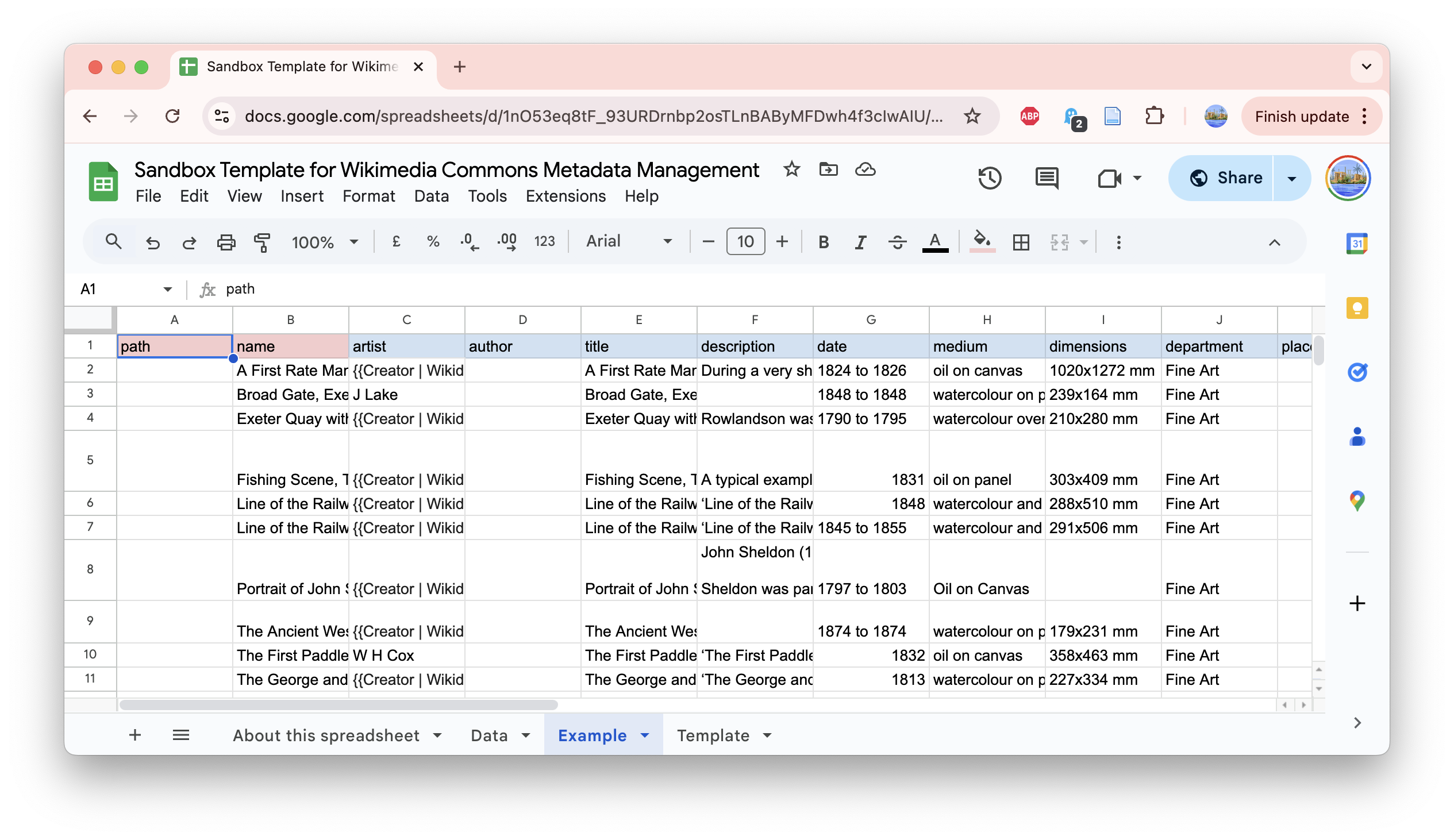 screenshot of google sheet sandbox template