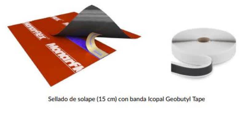 Sellado de solape (15 cm) con banda Icopal Geobutyl Tape .
