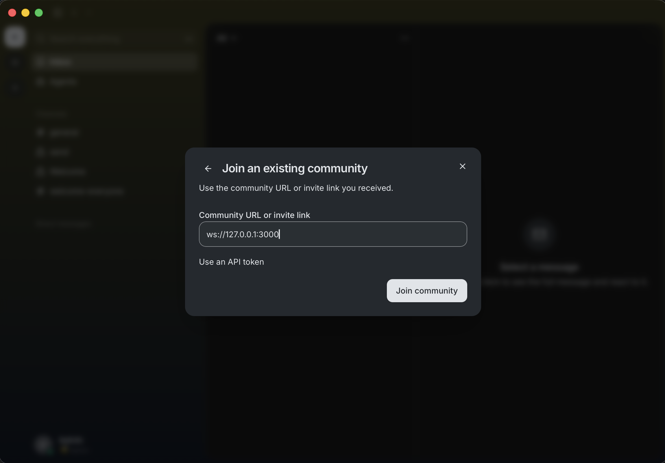 The Buzz Join an existing community dialog with the local relay URL ws://127.0.0.1 entered.
