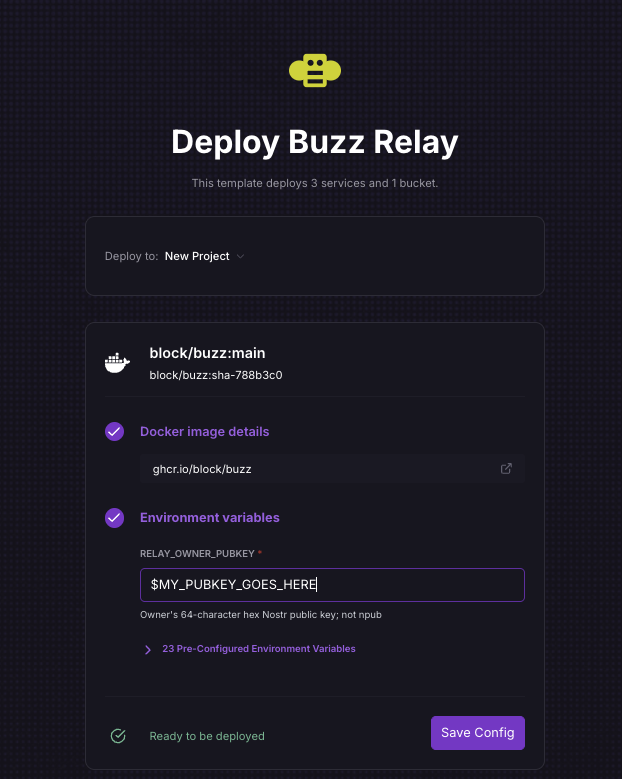 The Railway deployment form with the RELAY_OWNER_PUBKEY field ready for the owner's 64-character hex Nostr public key.