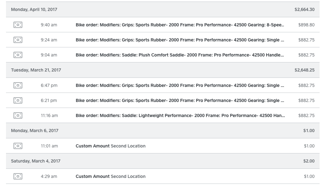 Square Dashboard view of transaction history. We want to replicate this for a sandbox dashboard.