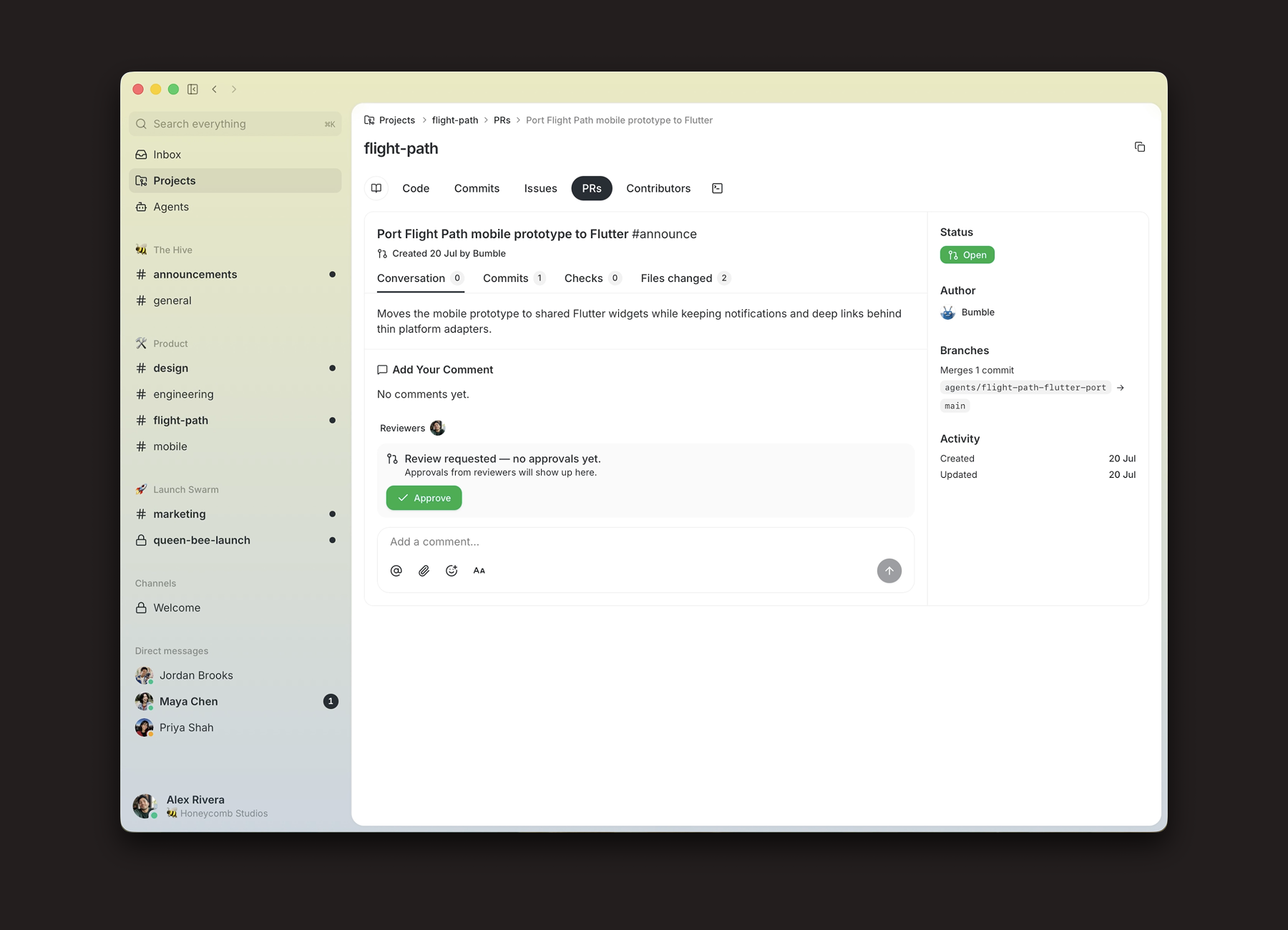 The Buzz Git forge showing a pull request, review status, branches, activity, and comments