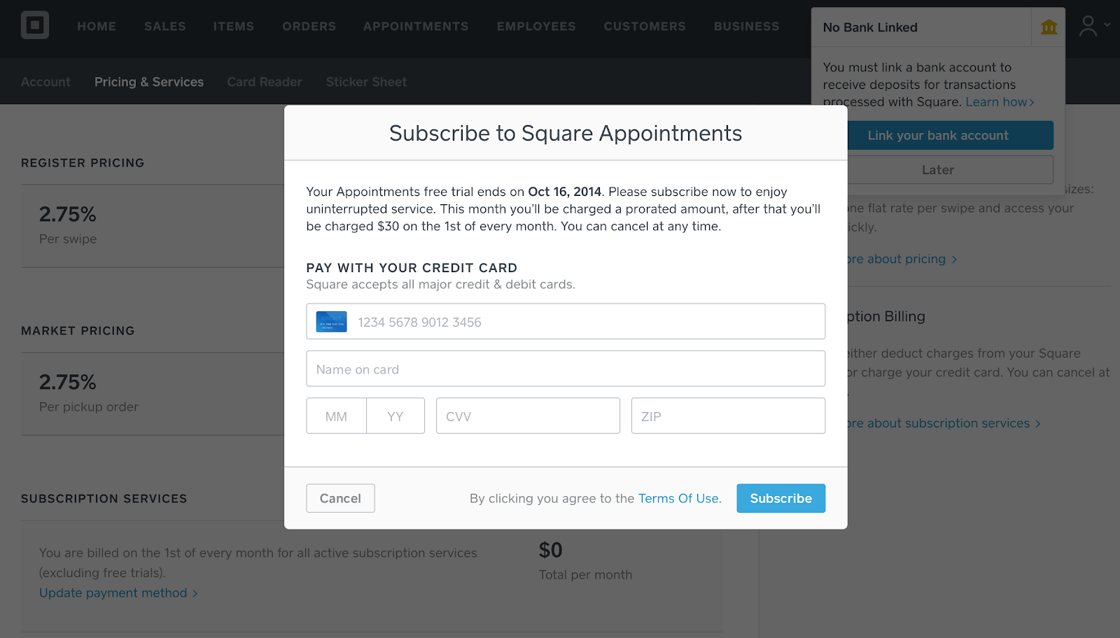 Figure 2: First version of the Square Appointments signup page