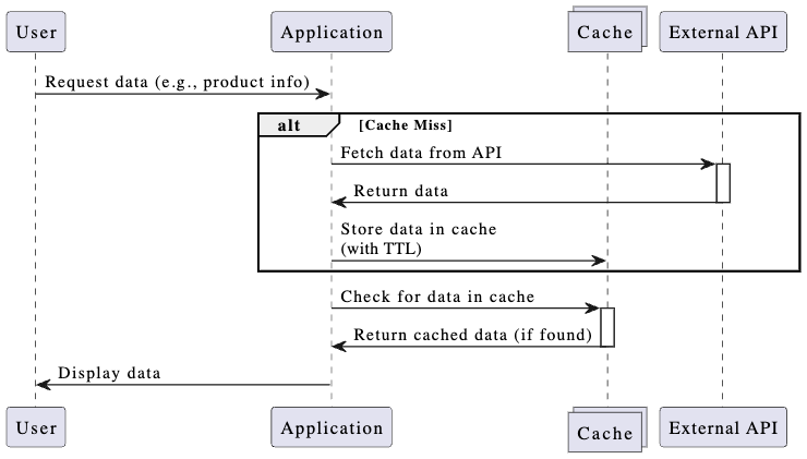 Workflow diagram showing the application checking a cache for data, then making an API call and caching the result