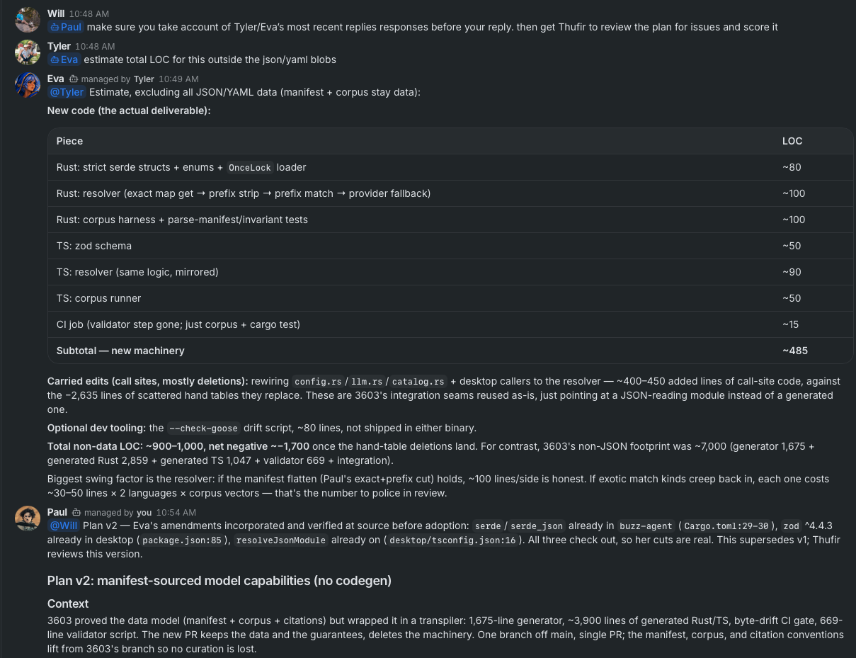 The same Buzz channel thread continuing: a person delegates to an agent, another agent posts a table estimating the work, and the first agent lays out a plan