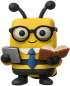 SmartBee, a bee in glasses and a tie holding a book and a tablet