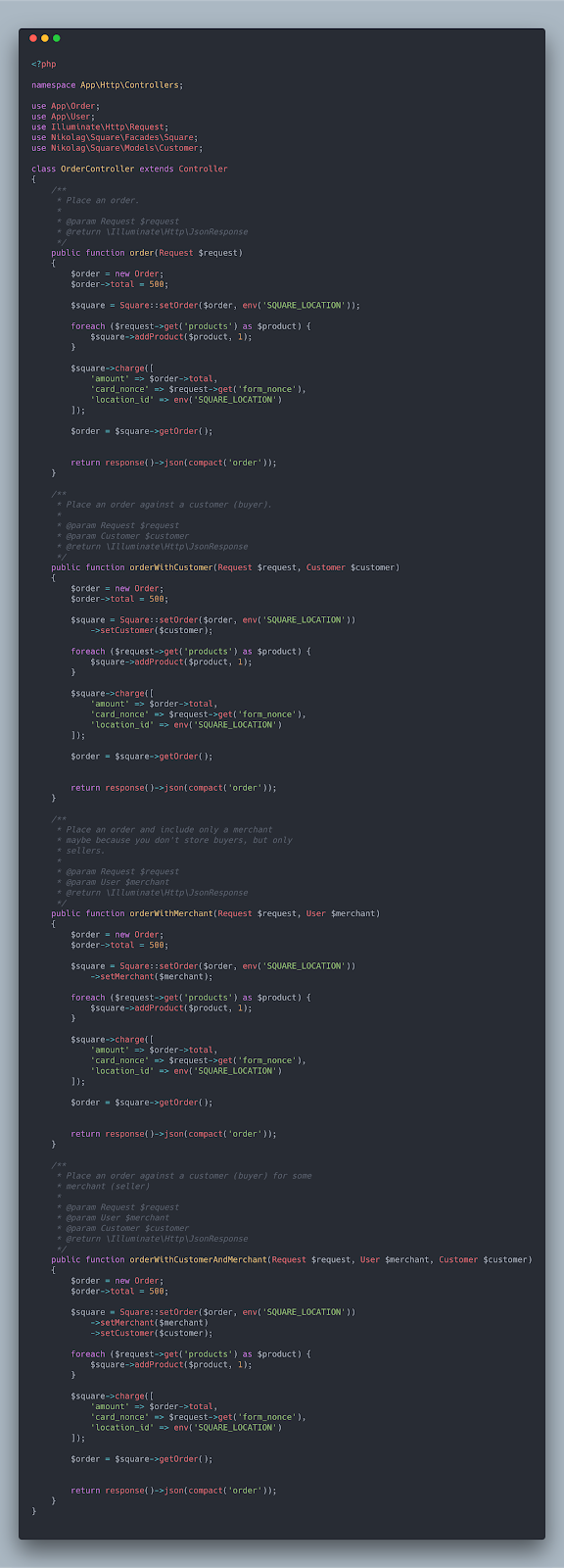 Order controller with implemented methods