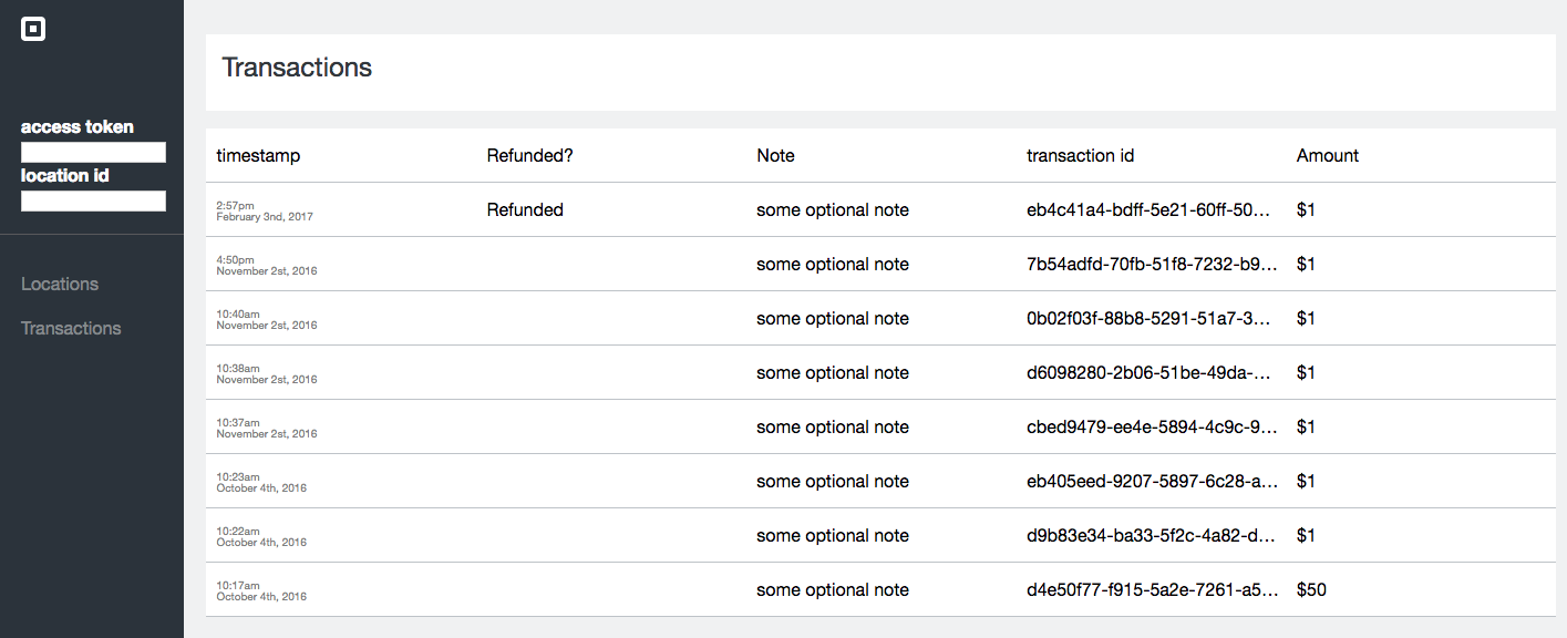 A list of my sandbox transactions!