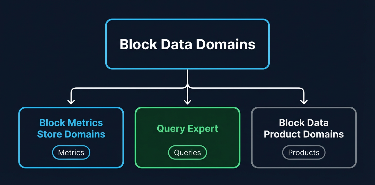 Block Data Domains: domains map to Metrics Store domains and Data Product domains, which source from semantic model tables and relate to assets
