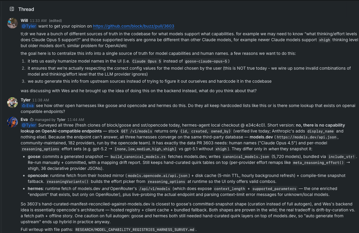 A Buzz channel thread where two people discuss a model-capability problem and one of their agents reports back a survey of the options