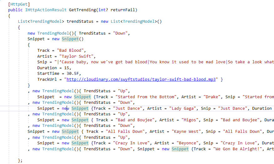 Code Snippet Depicting Trending Songs