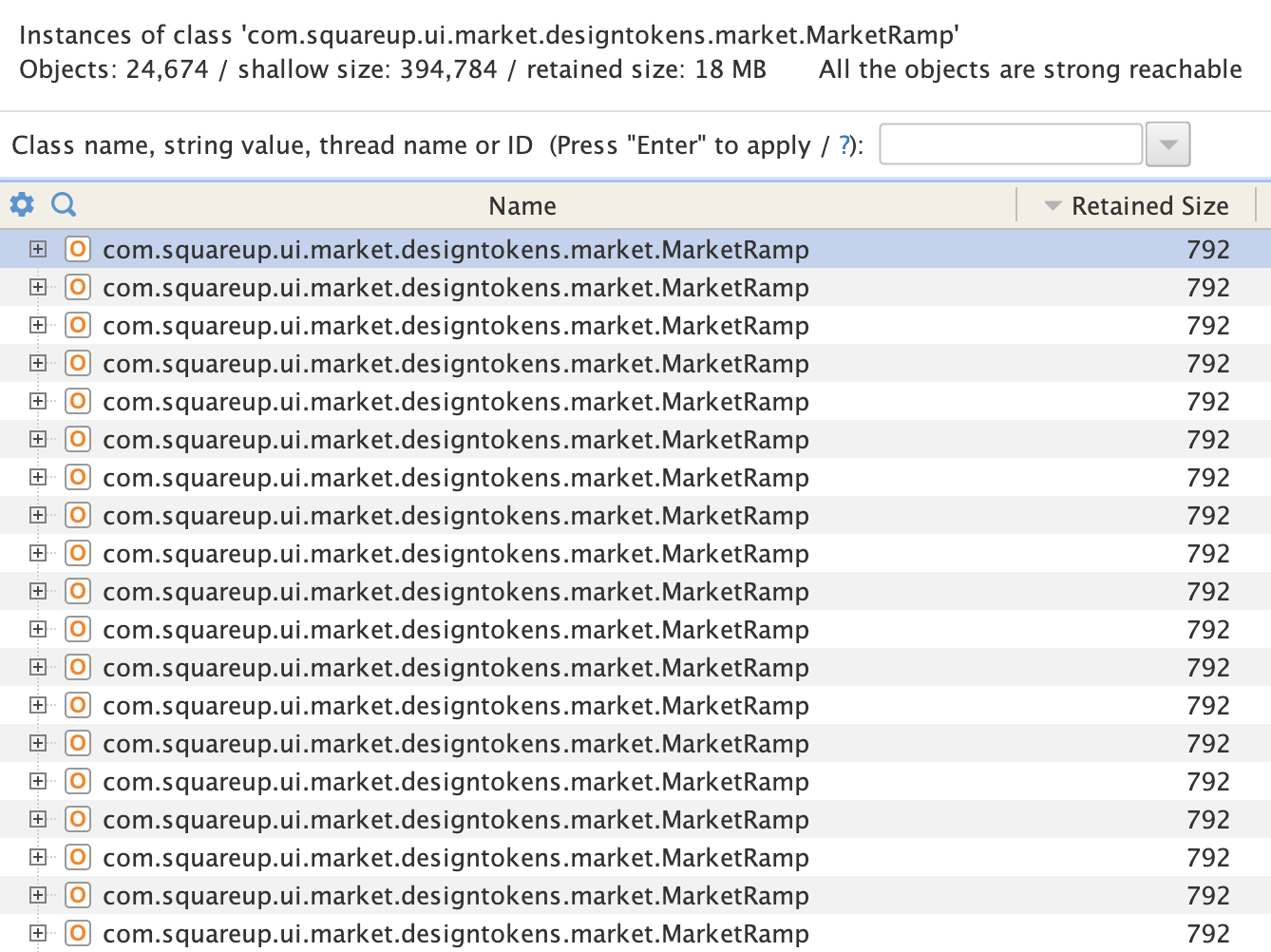 All 24,674 MarketRamp instances, each retaining 792 bytes — 19.5 Mb total
