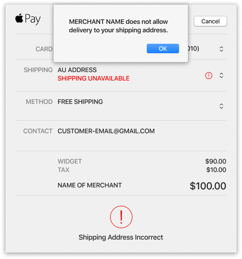 Errors shown when a shipping address isn’t supported by that merchant