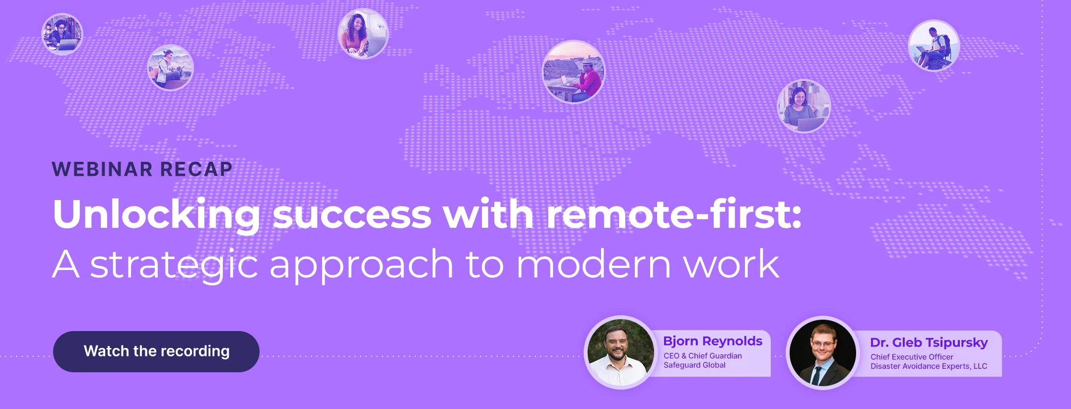 World map with people in bubbles, text about remote-first work strategy.