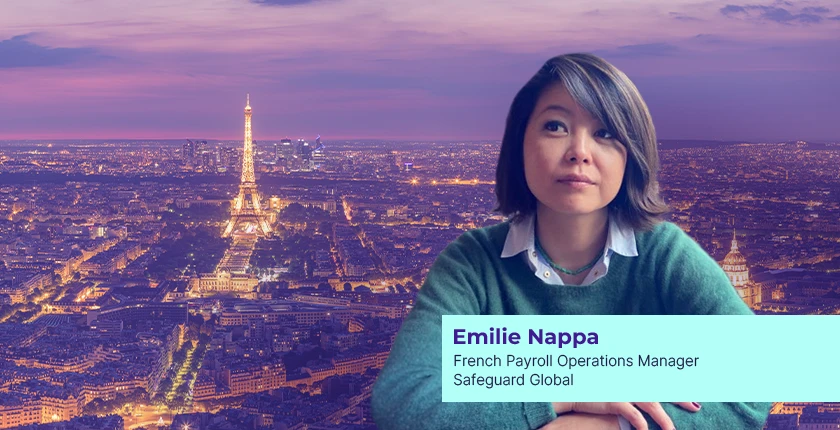 Woman with cityscape of Paris in the background and a name tag