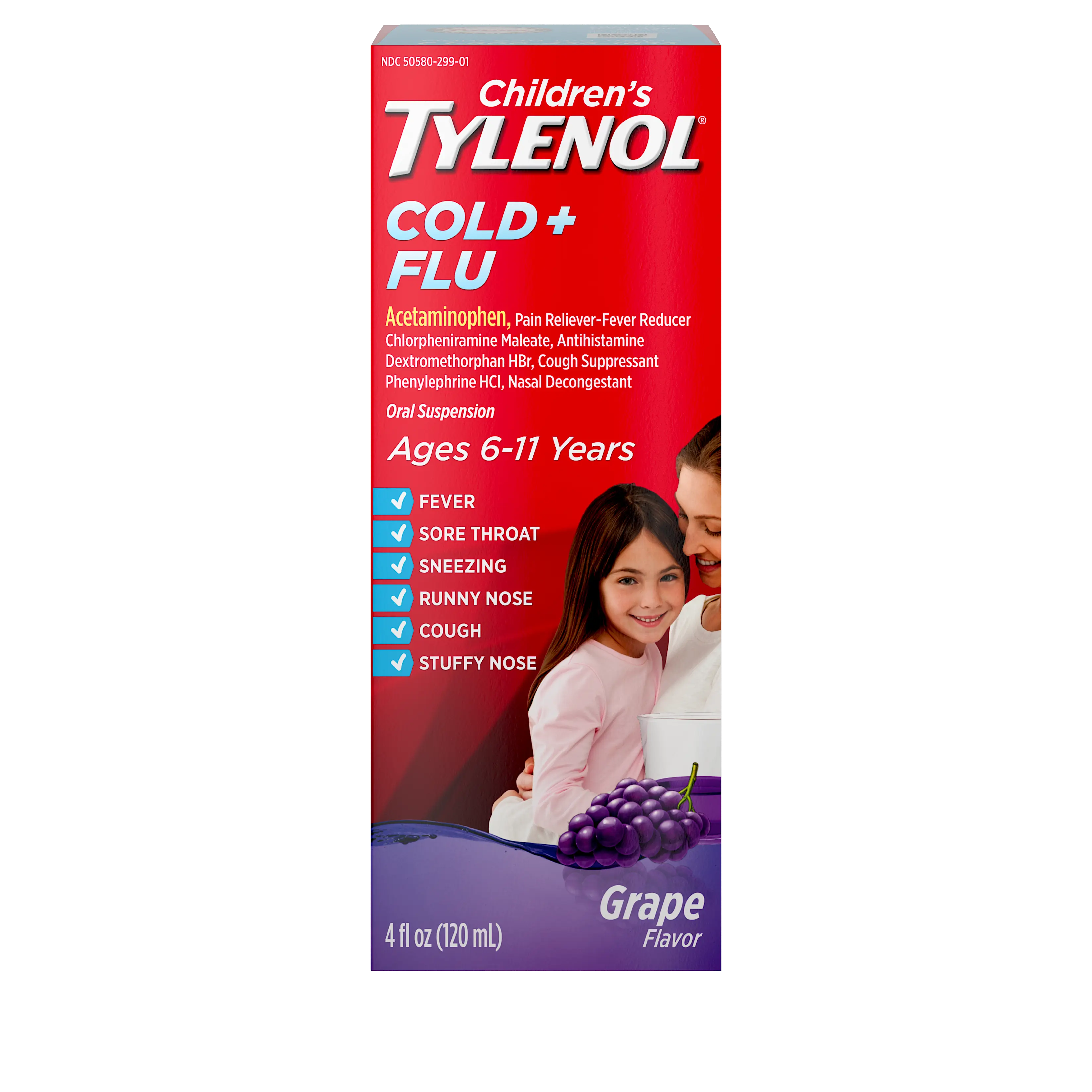 Children's Tylenol® Cold + Flu liquid medicine with acetaminophen in grape flavor