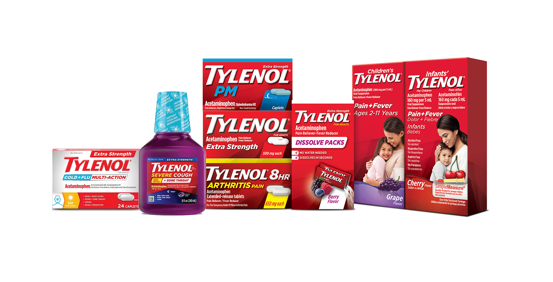 La línea de productos Tylenol® para aliviar el dolor y bajar la fiebre de niños y adultos