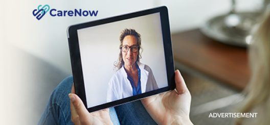 Advertisement person holding tablet on video conference with a doctor