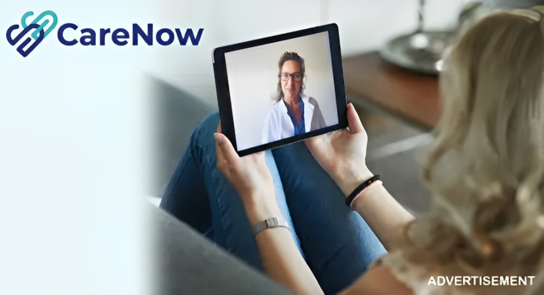 Advertisement person holding tablet on video conference with a doctor