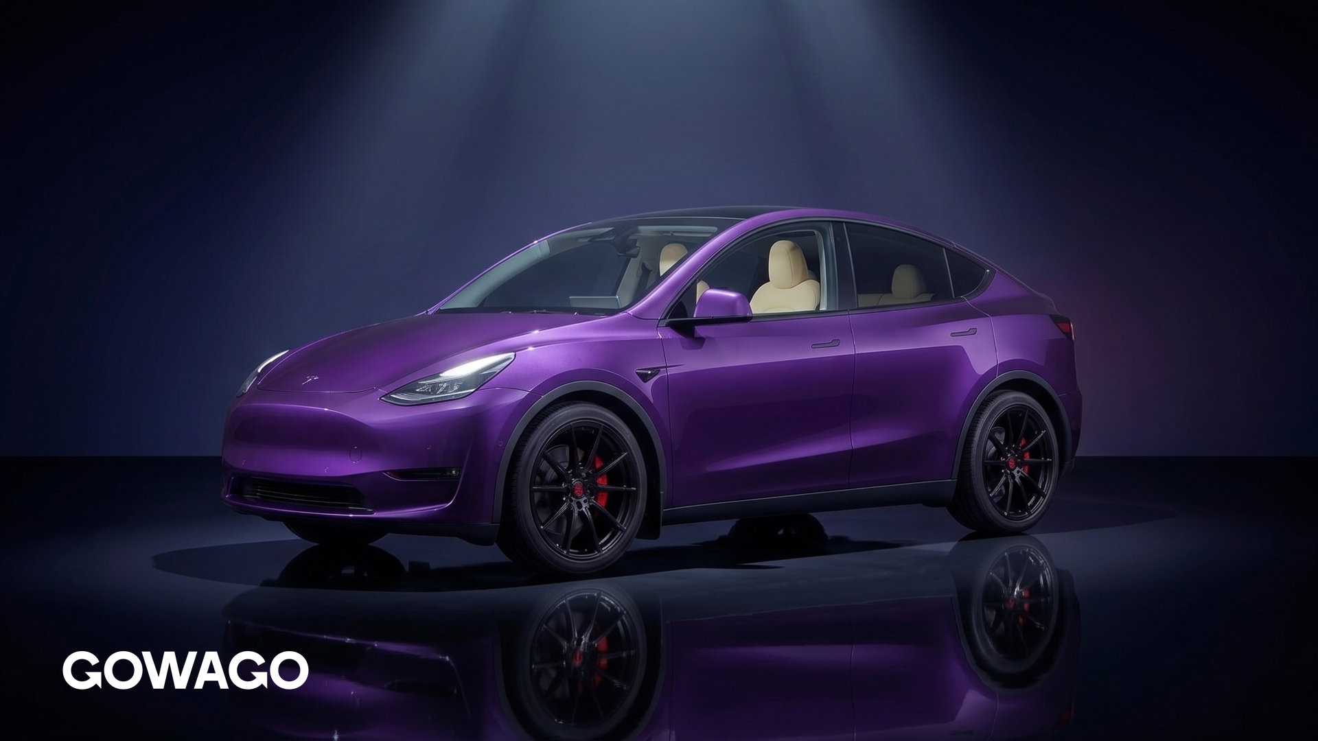 Tesla Model Y sous projecteur violet