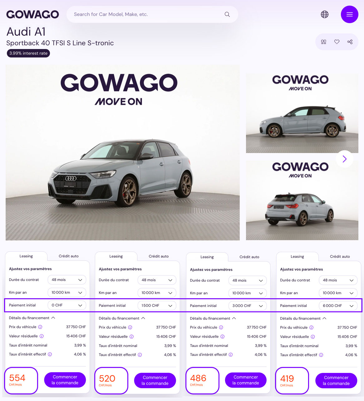 Example pour un paiement initial