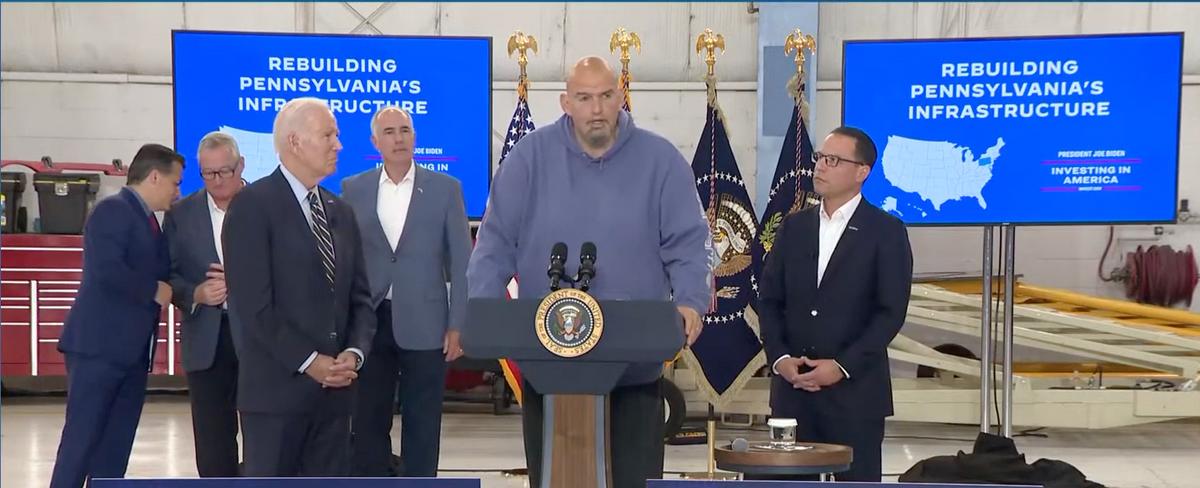 Video: Sen. Fetterman struggles with words, wears hoodie, shorts to I-95 rebuilding event with President Biden