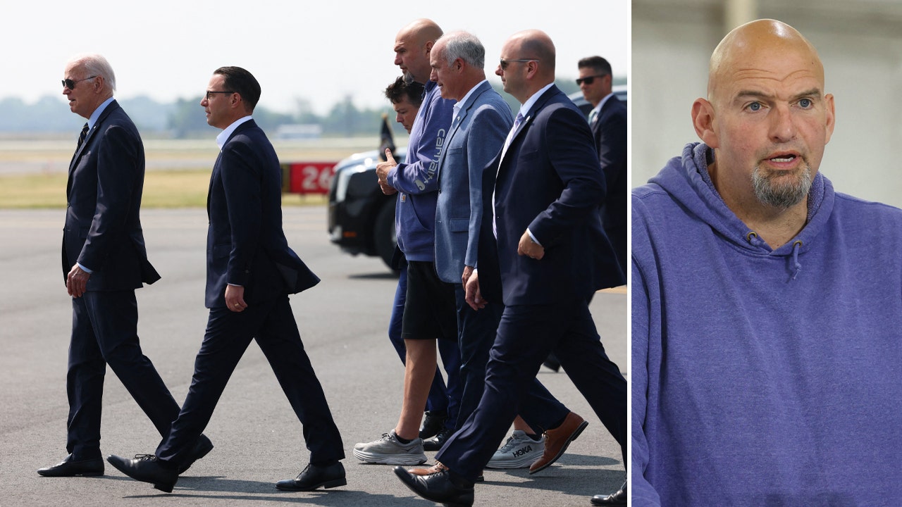 Fetterman stumbles through remarks with Biden, PA officials while wearing hoodie and shorts