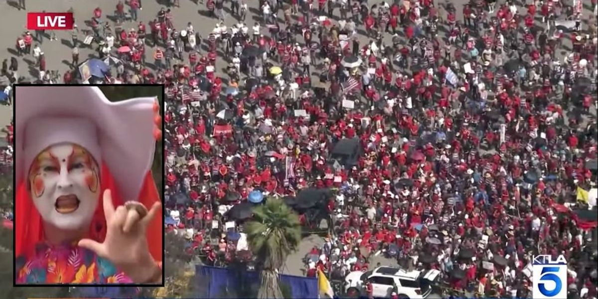 Thousands of religious protesters gather outside Dodgers stadium to oppose anti-Christian drag queen group