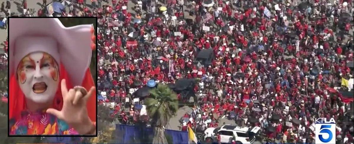 Thousands of religious protesters gather outside Dodgers stadium to oppose anti-Christian drag queen group