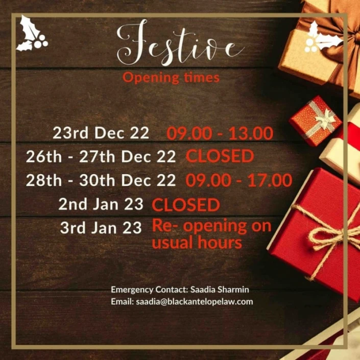 a Christmas themed flyer containing the businesses' opening hours during the 2022 festive period.