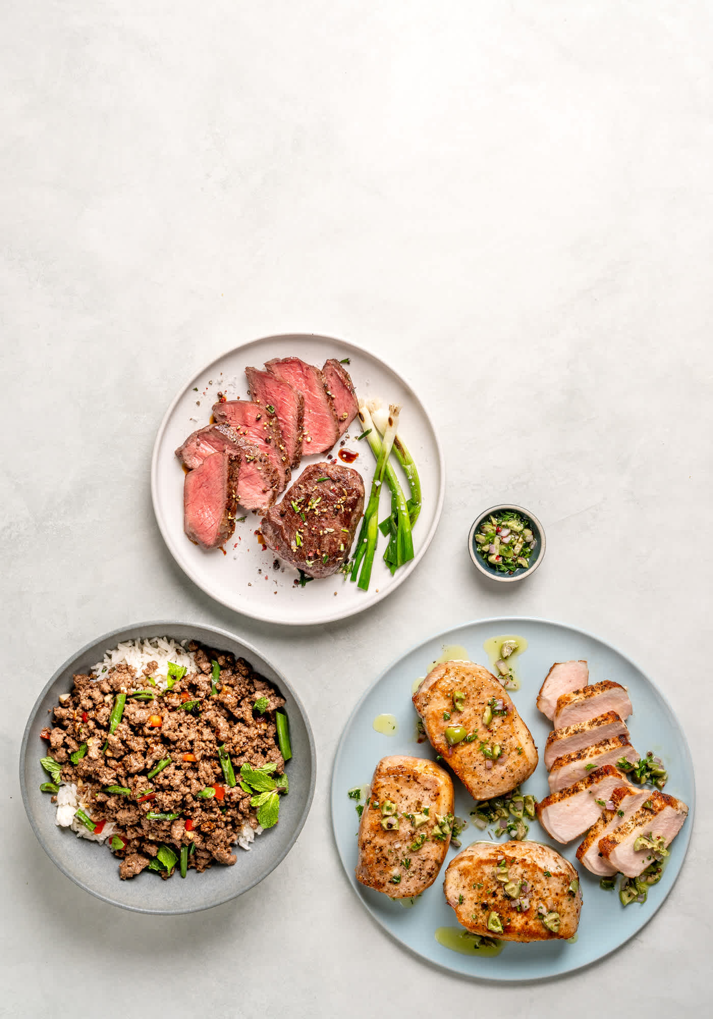 ground beef, pork chops, and sirloin