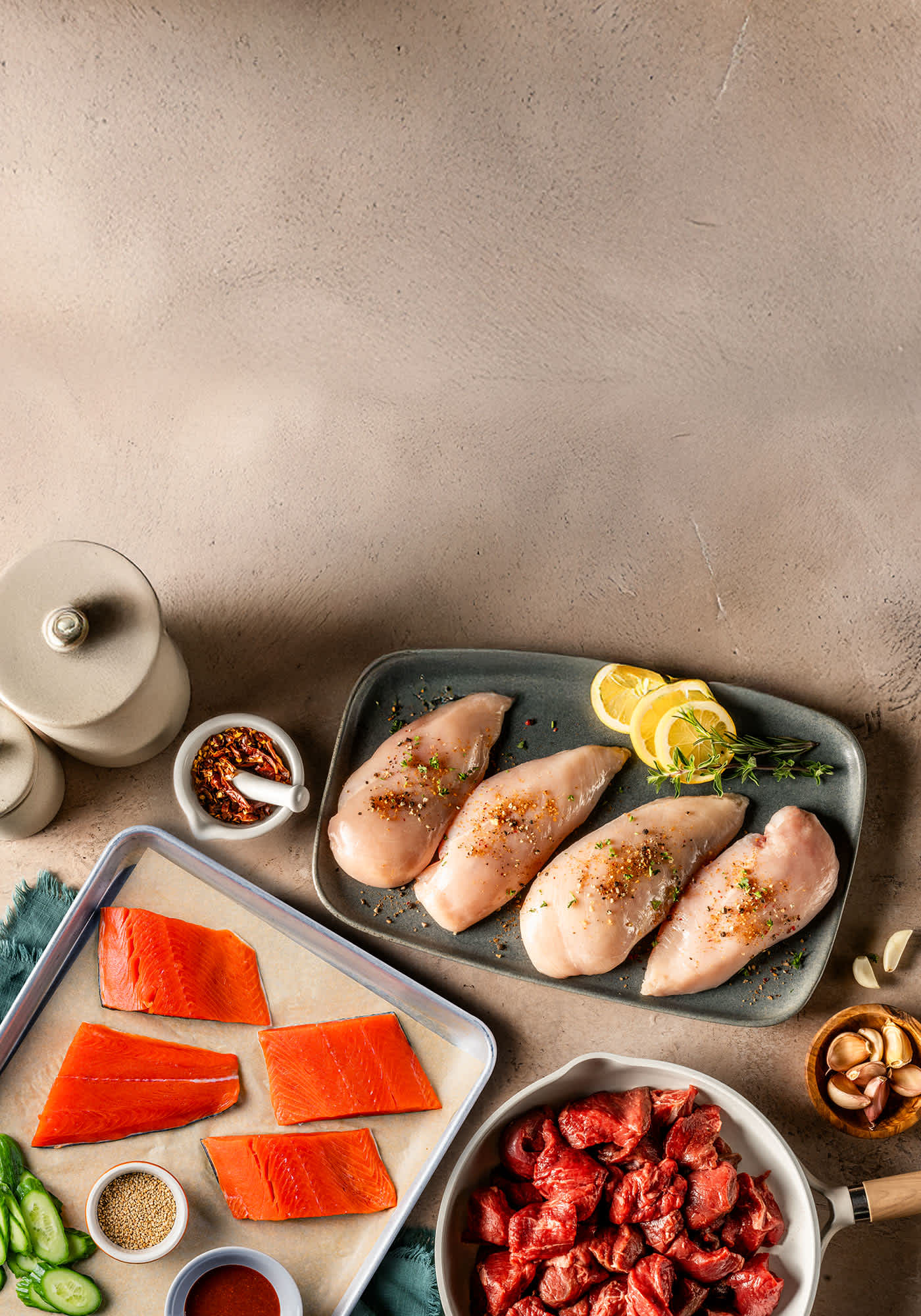 chicken, salmon, and steak