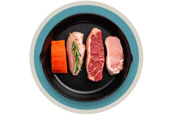 A cast iron pan holding raw salmon, chicken breast topped with rosemary, steak, and pork chop