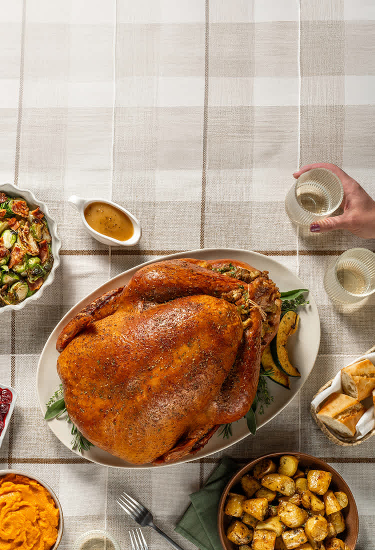 Turkey and sides on tablecloth