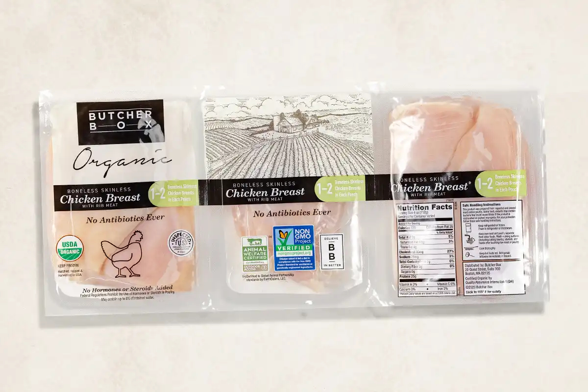 Packaged chicken breast on beige background