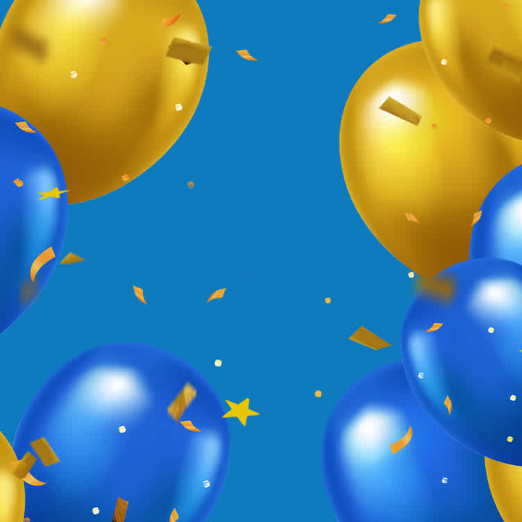 Festive blue and gold balloons on a blue background