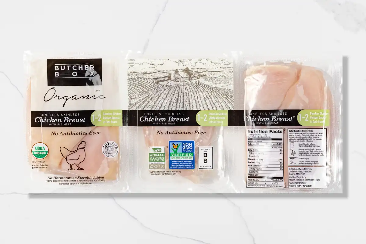 Packaged chicken breasts on a marble background