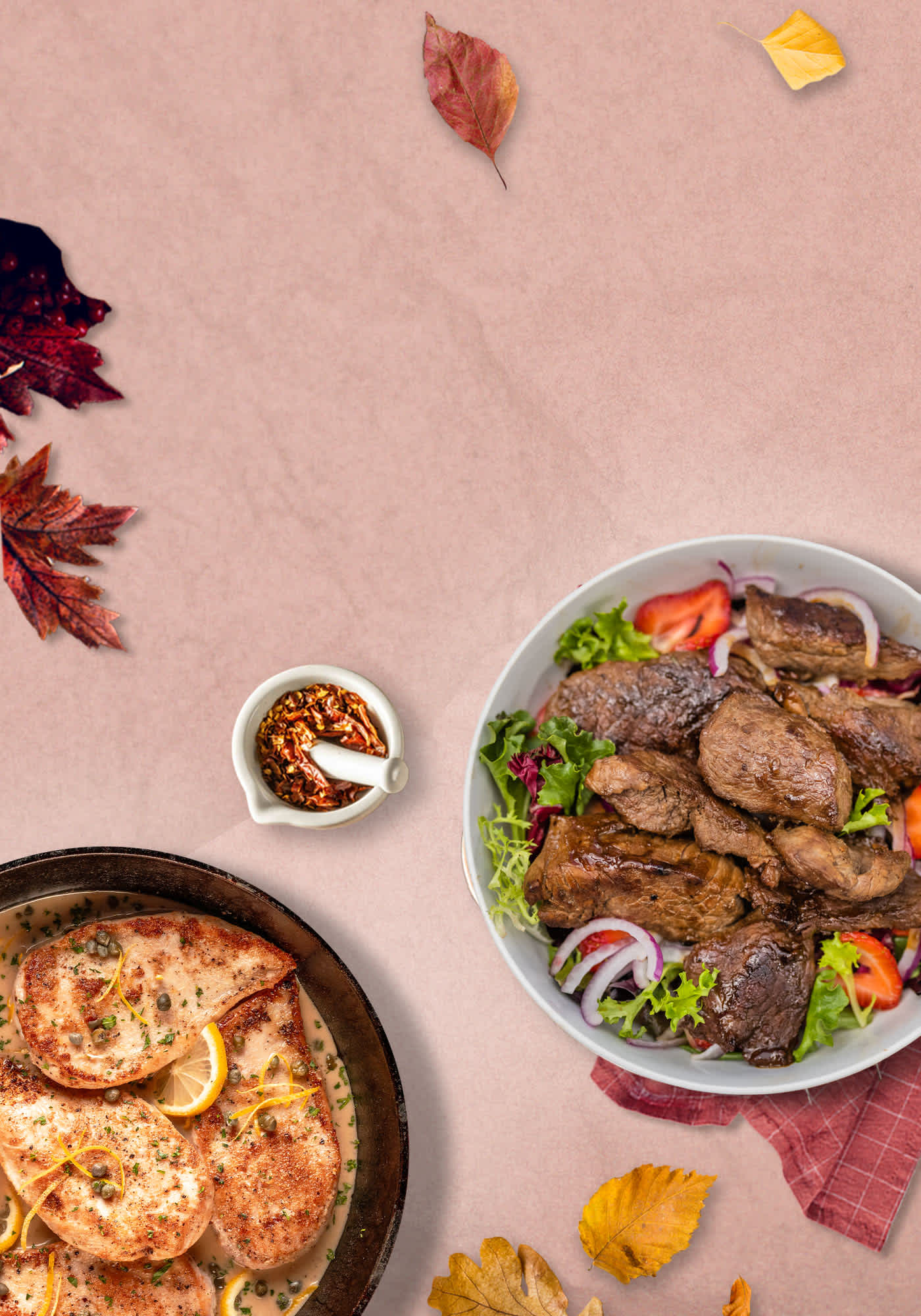 Steak tips, and chicken breasts plated on a pink background