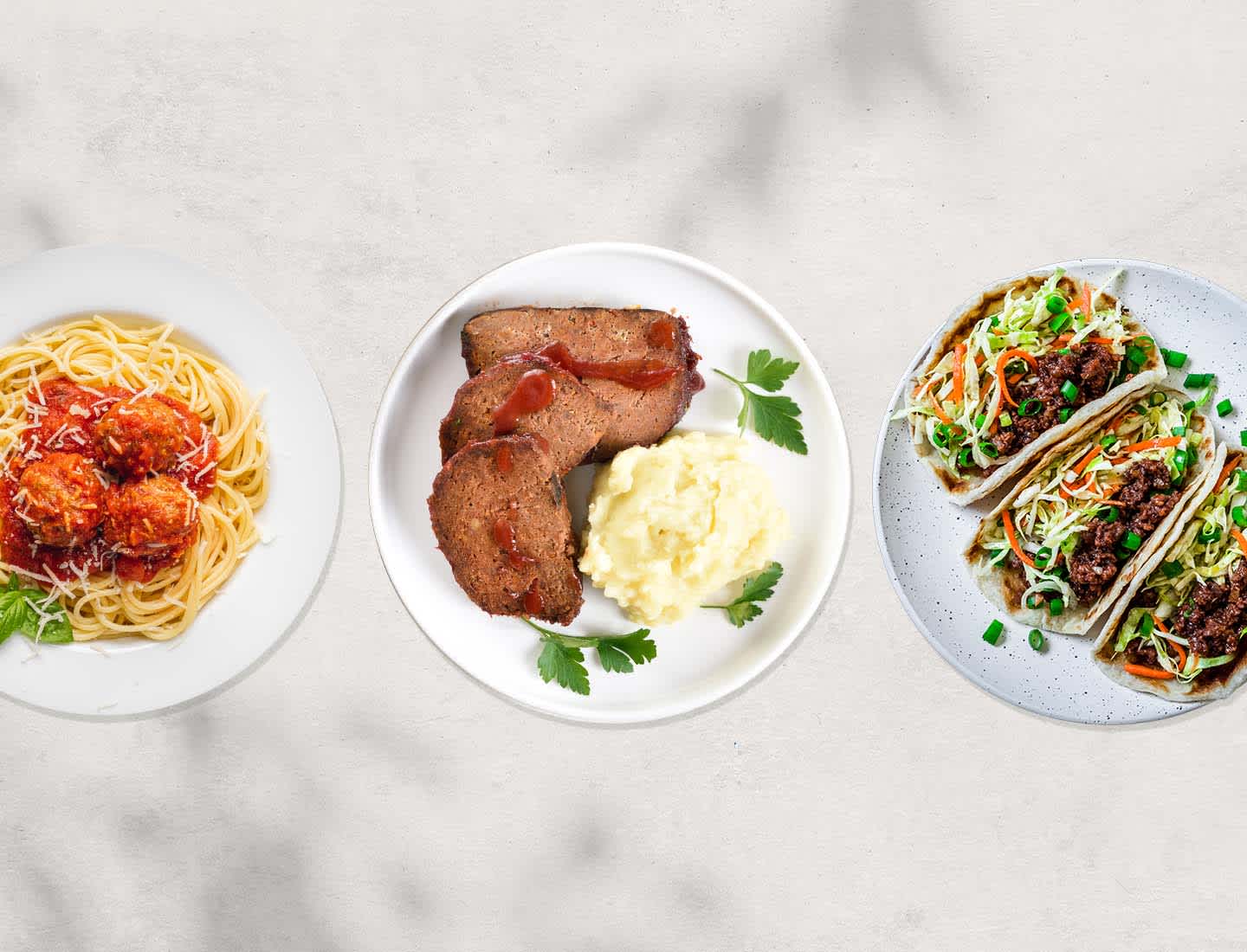 Three plated dishes showing meal options using ground beef. 