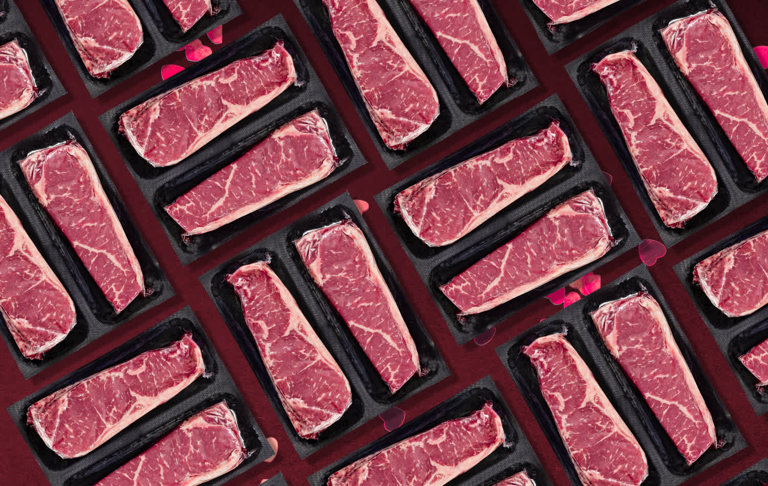 Packaged NY Strips on red background