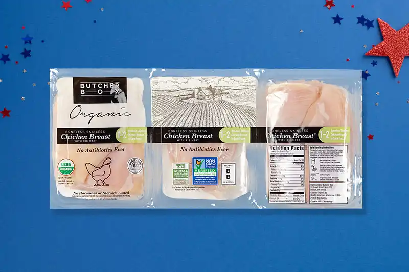 Packaged chicken breasts on blue background