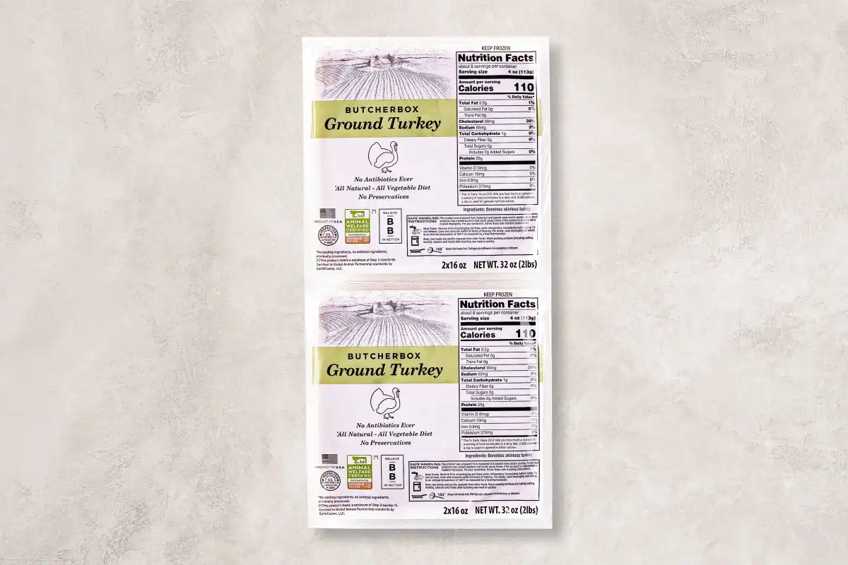 Packaged Ground turkey on a beige background