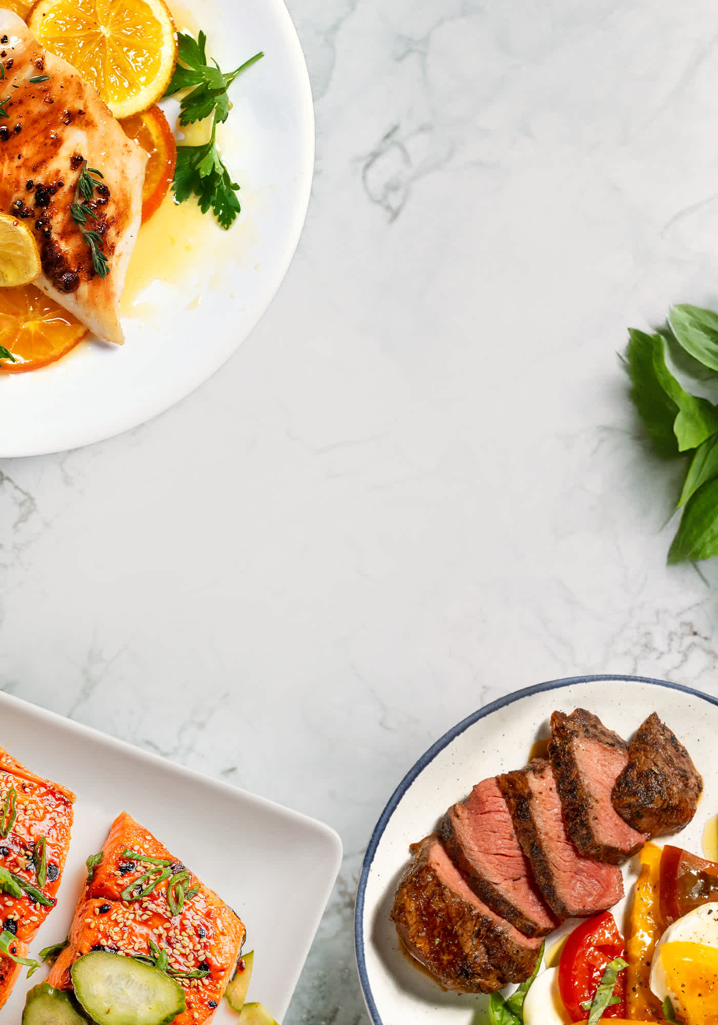 Plated salmon, chicken breasts, and top sirloins on marble background