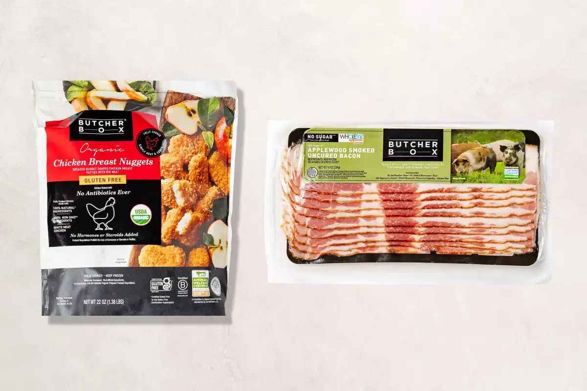 Packaged chicken nuggets and bacon on beige background