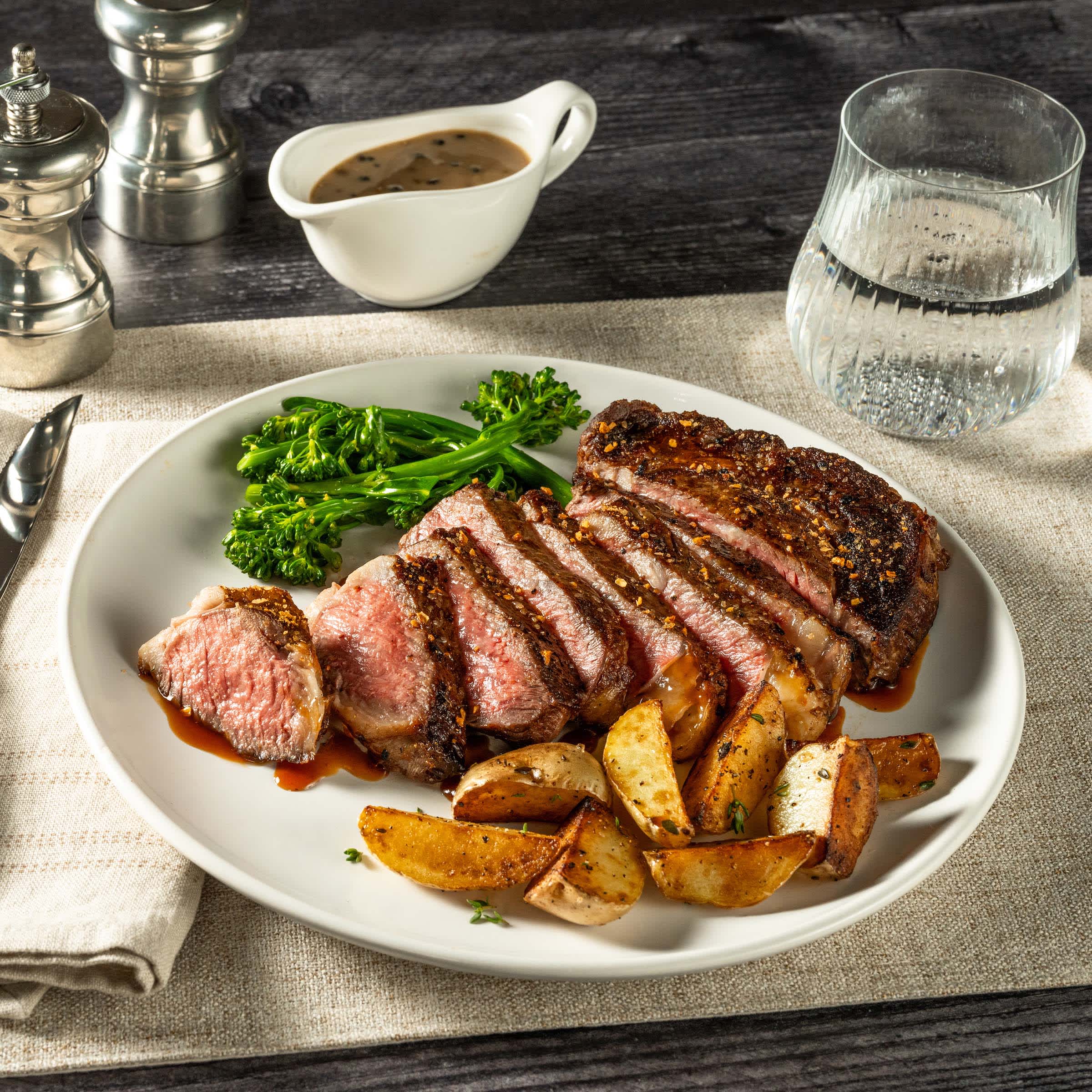Sliced grilled steak with potatoes and vegetables