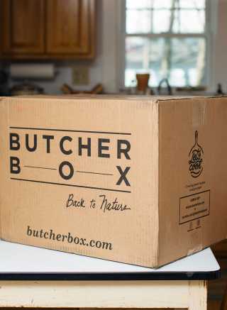 A ButcherBox box sitting on a counter top