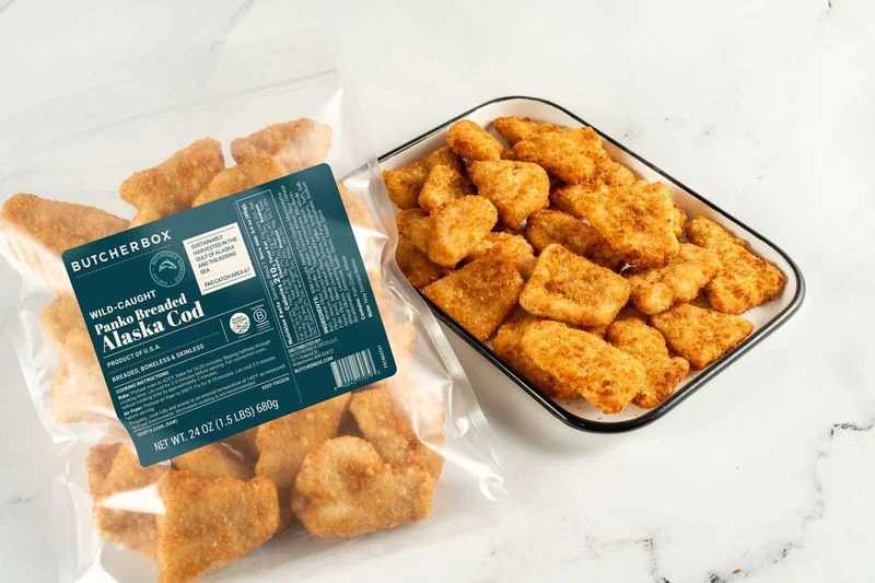Panko Breaded Cod in package and on tray