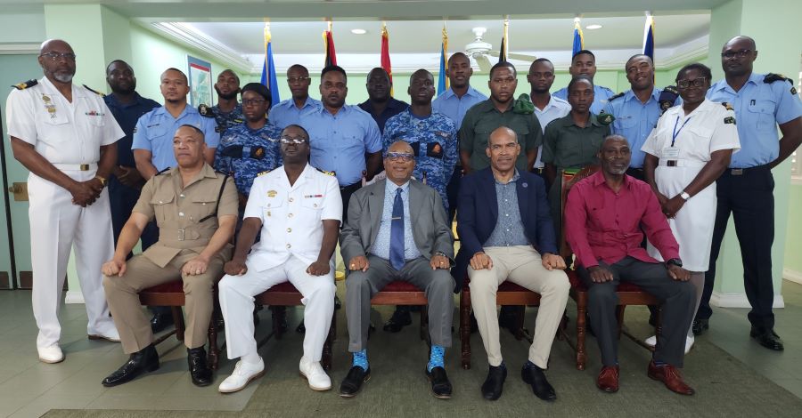 Participants and facilitators of the Basic Engineering Course were joined by (front row R-L) Senior Superintendent (Ag) Adrian Broome; Lt. Commander, Derrick Brathwaite; Principal of the Samuel Jackman Prescod Institute of Technology, Ian Drakes; Director of Training at the RSS, Lt. Commander, Brian Roberts; and Regional Maritime Officer, Lt. (CG) Rolerick Sobers.
