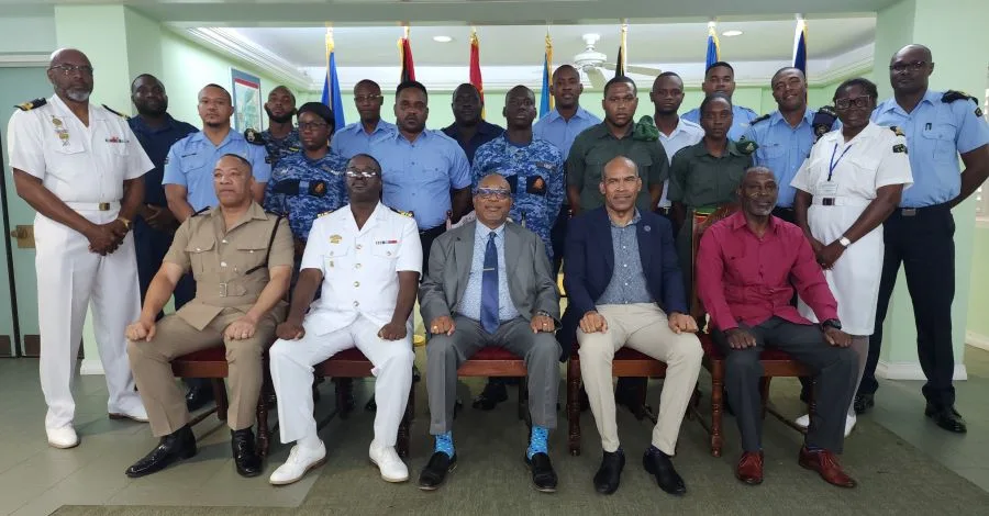 Participants and facilitators of the Basic Engineering Course were joined by (front row R-L) Senior Superintendent (Ag) Adrian Broome; Lt. Commander, Derrick Brathwaite; Principal of the Samuel Jackman Prescod Institute of Technology, Ian Drakes; Director of Training at the RSS, Lt. Commander, Brian Roberts; and Regional Maritime Officer, Lt. (CG) Rolerick Sobers.